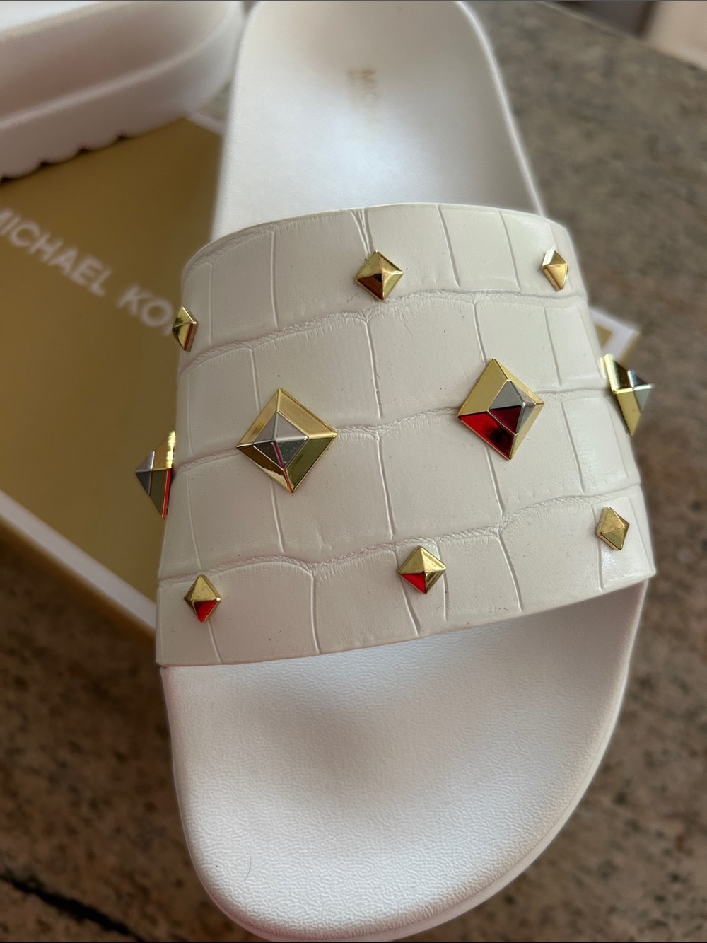 Michael Kors White Slide Sandals with Gold Pyramid Studs